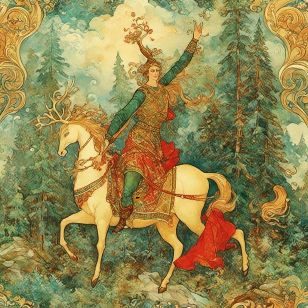 Golden Stag in Palekh Miniature Style