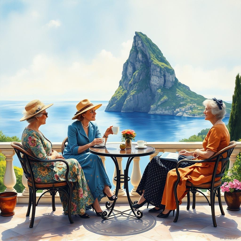 Elegant Ladies Savor Coffee in a Breathtaking Gouache Master...