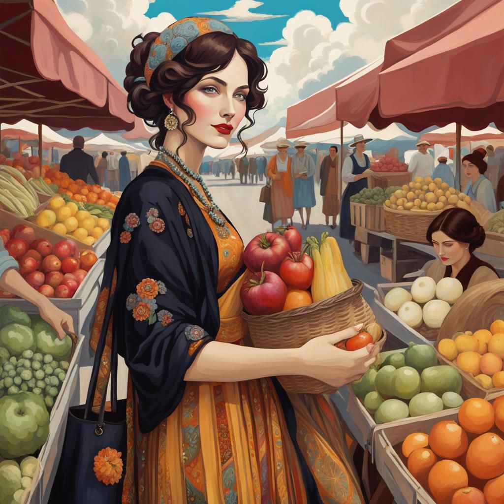 Woman at Farmers Market in Art Deco Style