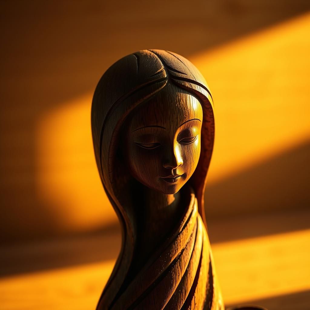 Hyper-Realistic Wood Carving Figurine in Golden Light