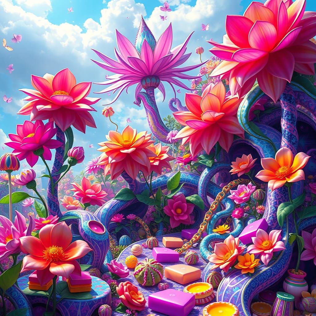 Surreal Candy-Coated Dreamscape Blooms with Iridescent Flora...