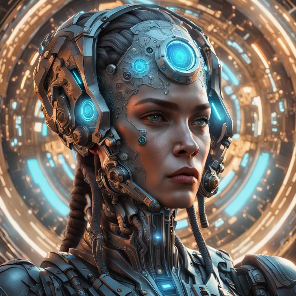 Cyborg with Alien Engravings and Holographic Eye