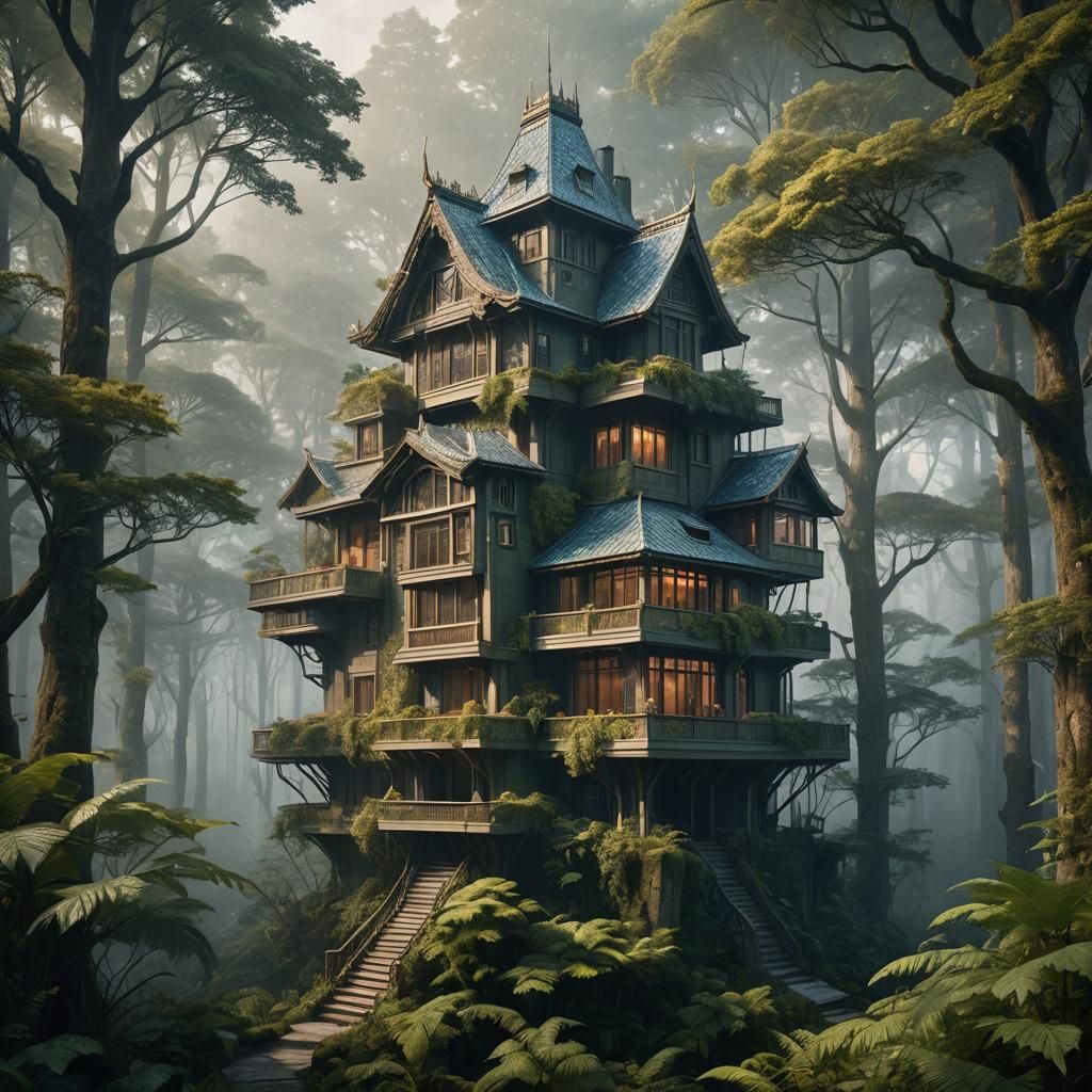 Modern House in Misty Forest Concept Art