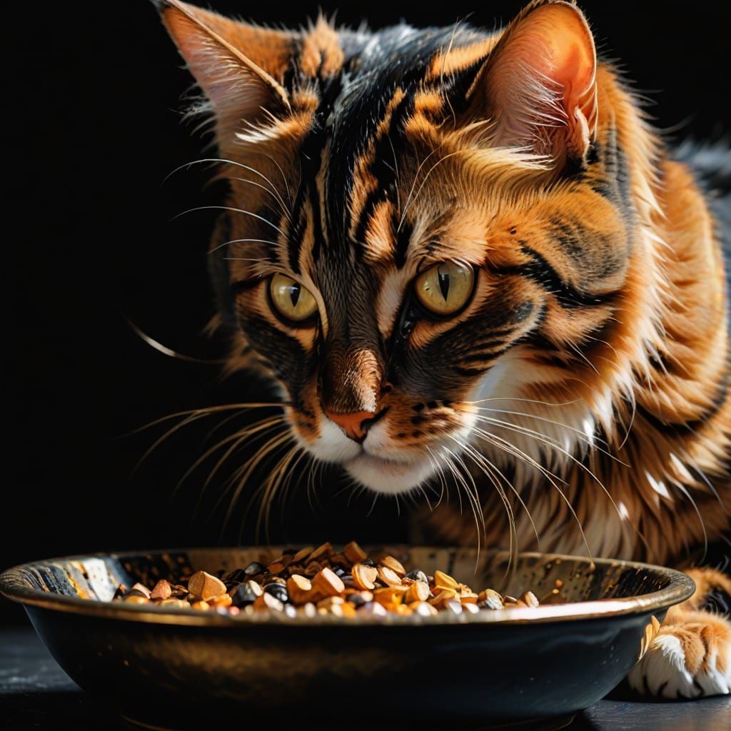Calico Cat Eating: Macro Photography with Golden Lighting