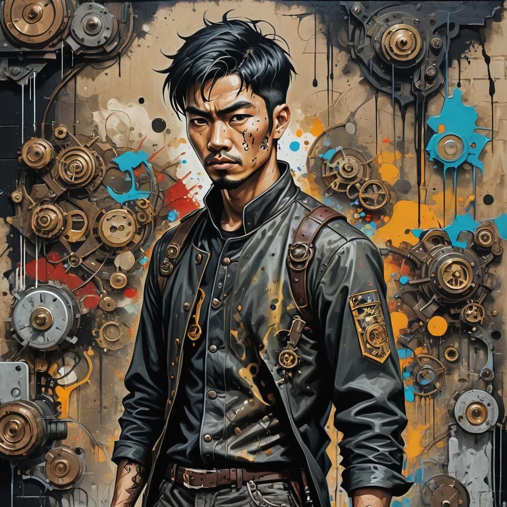 Steampunk Asian Man with Stern Expression