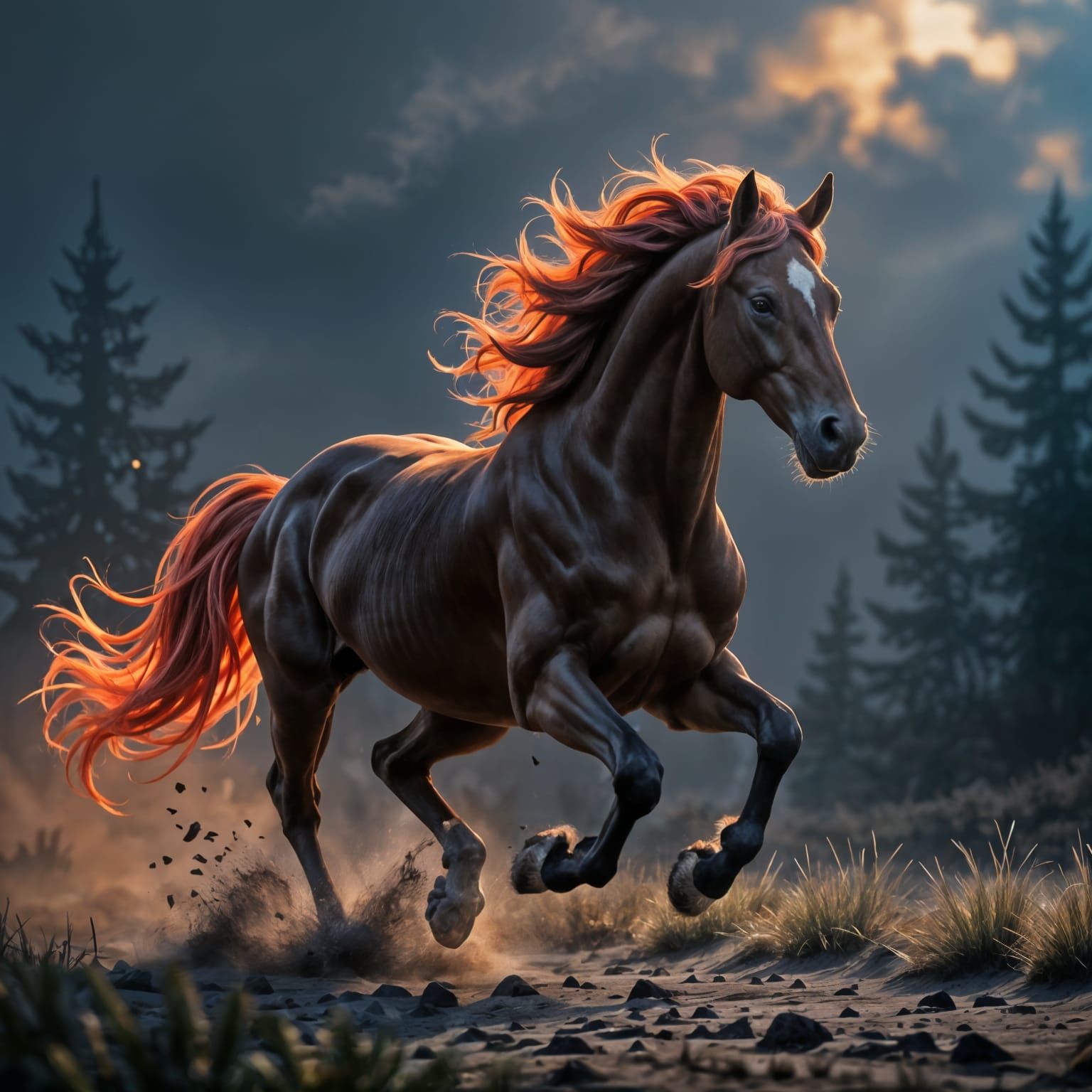 Fiery Horse Galloping in Dark Fantasy Style