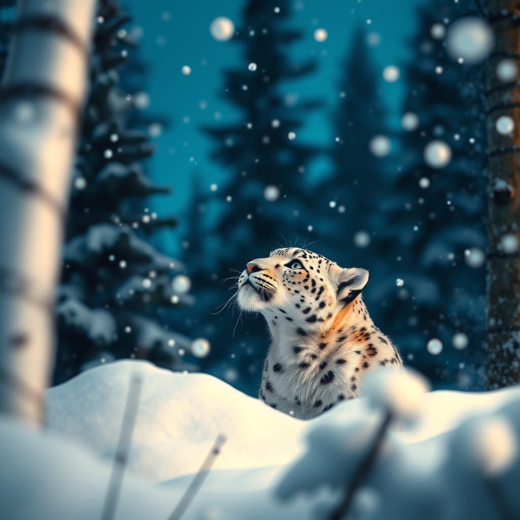 Majestic Snow Leopard Amidst Winter Wonderland