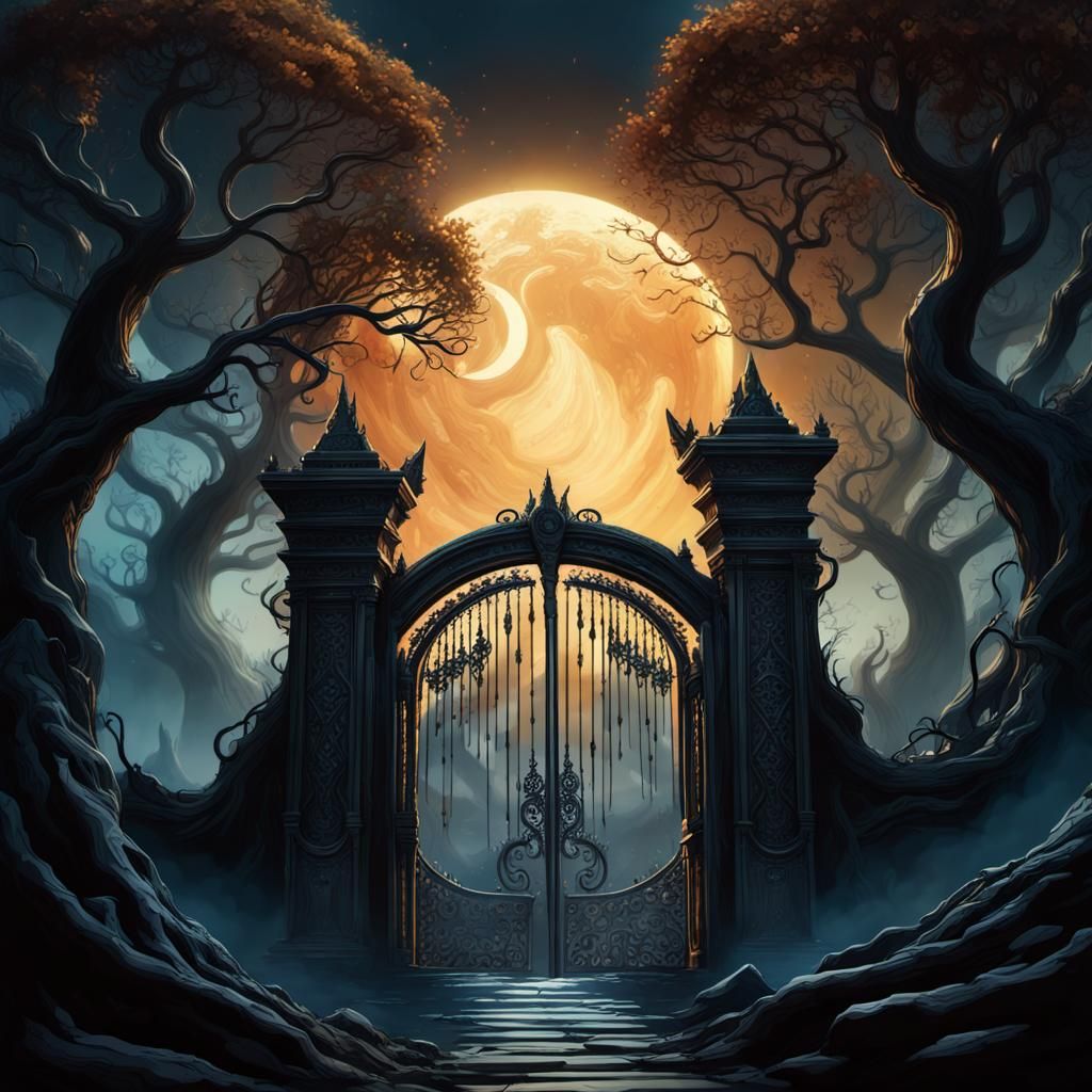 Black Moon Over Gates to Underworld: Fantasy Art