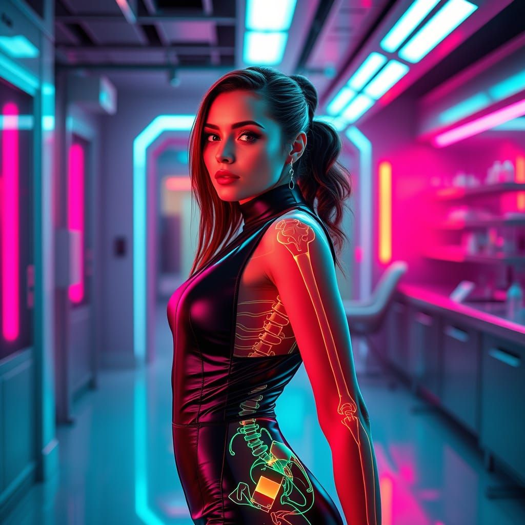 Futuristic Neon X-Ray Woman in Cyberpunk Style