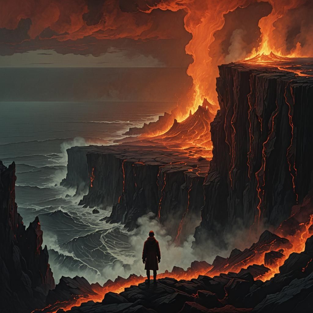 Hellish Landscape with Figure in Dark Fantasy Style