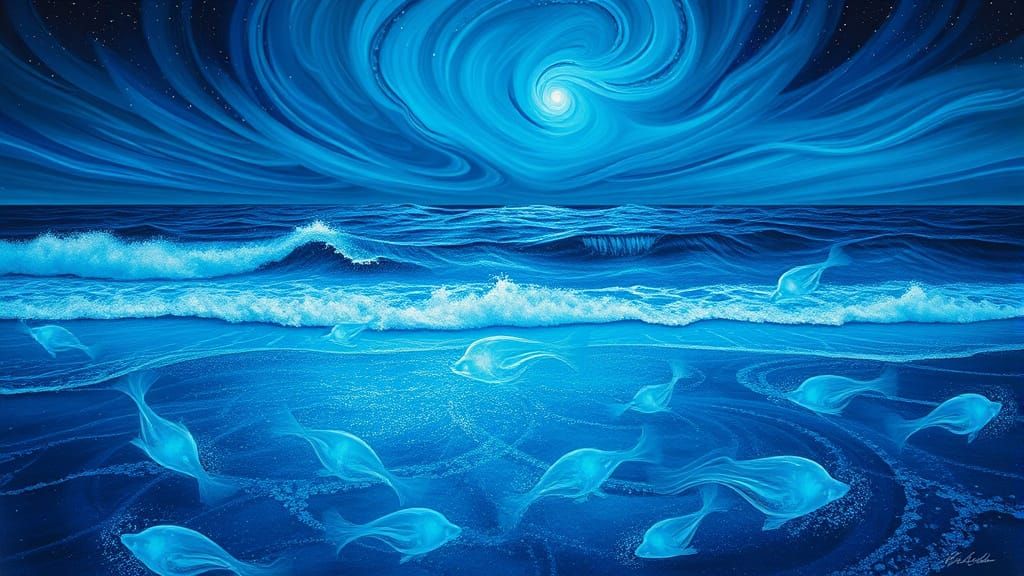 Iridescent Ocean Dreamscape with Bioluminescent Creatures