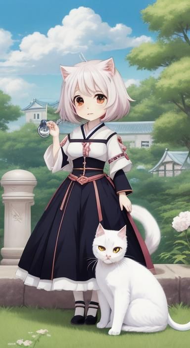 Chibi Baby and White Cat in Anime Style