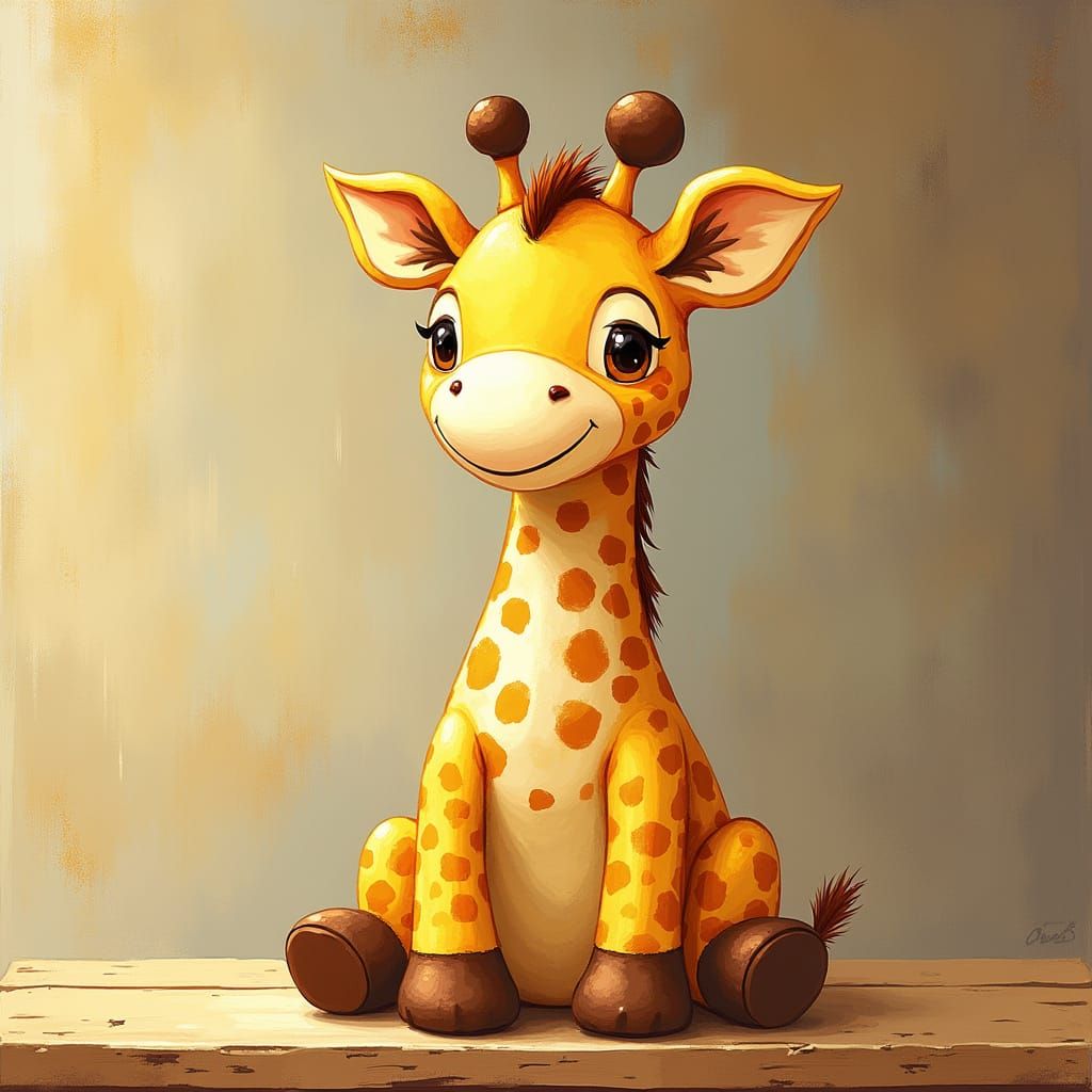 Whimsical Giraffe on Wooden Shelf in Vintage Style