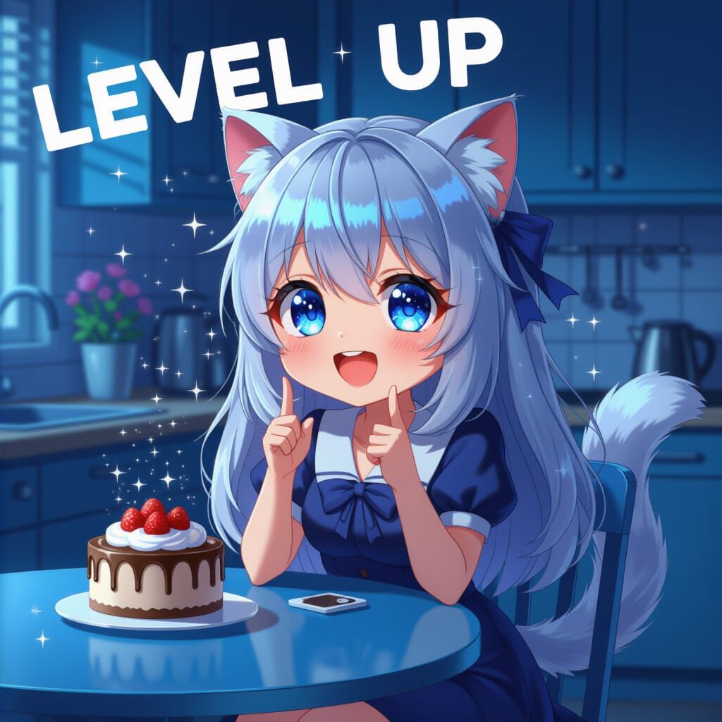 Anime Catgirl Celebrates Level Up in Synthwave Style