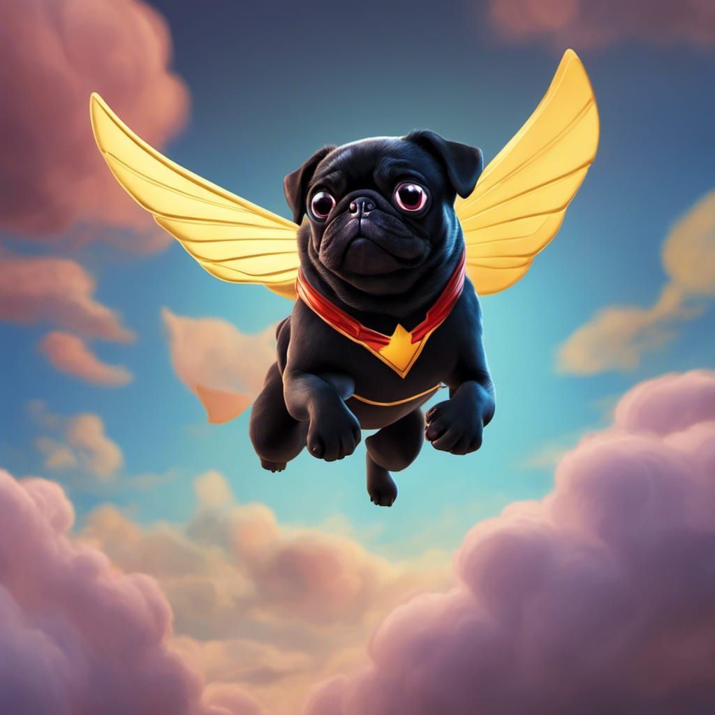 Pug Superhero Flies: Pixar-Style Digital Art