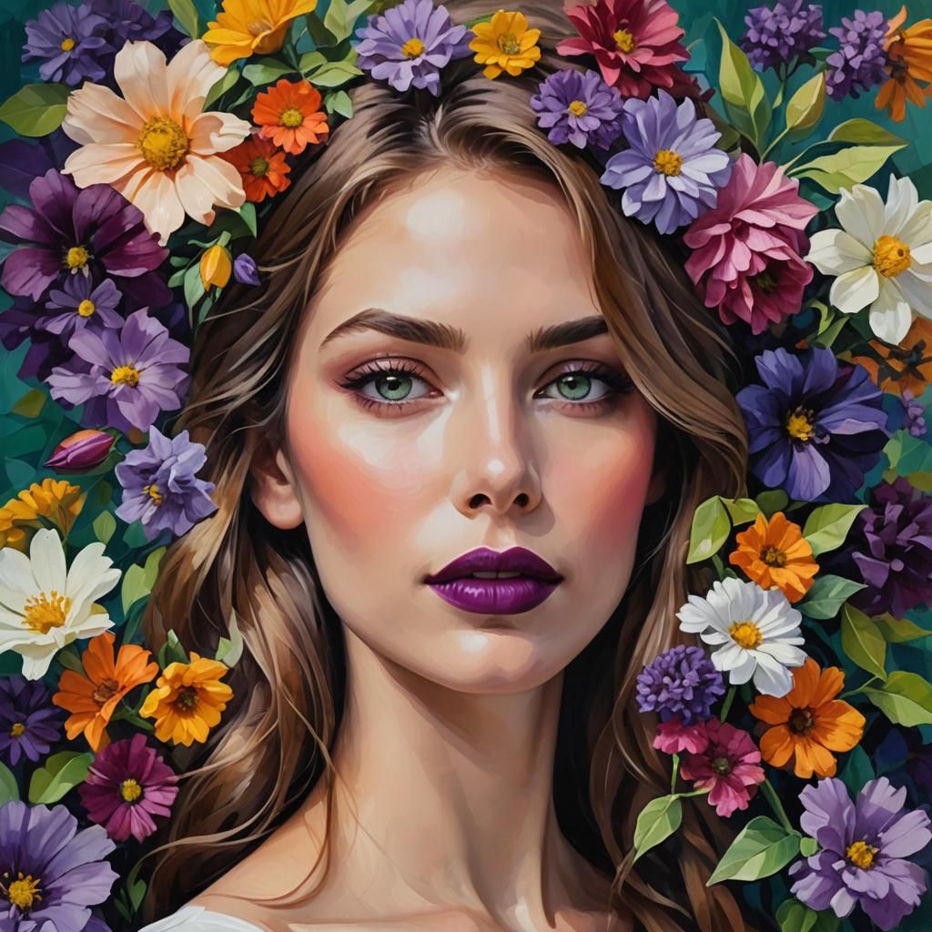 Beautiful Woman Surrounded by Flowers as Impasto Painting
