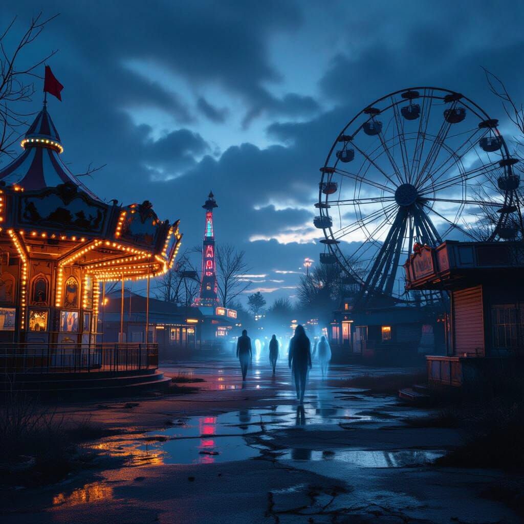 Abandoned Amusement Park at Dusk with Ethereal Figures