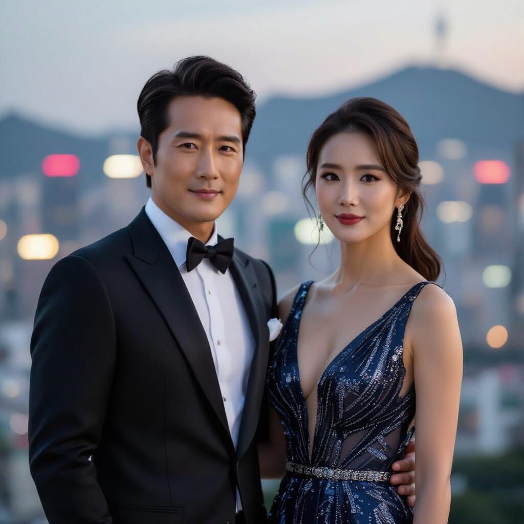 Elegant Couple in Cinematic Cityscape, Vibrant Colors