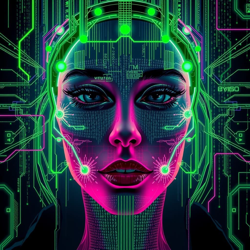 Eerie Cybernetic Hologram of Woman's Face