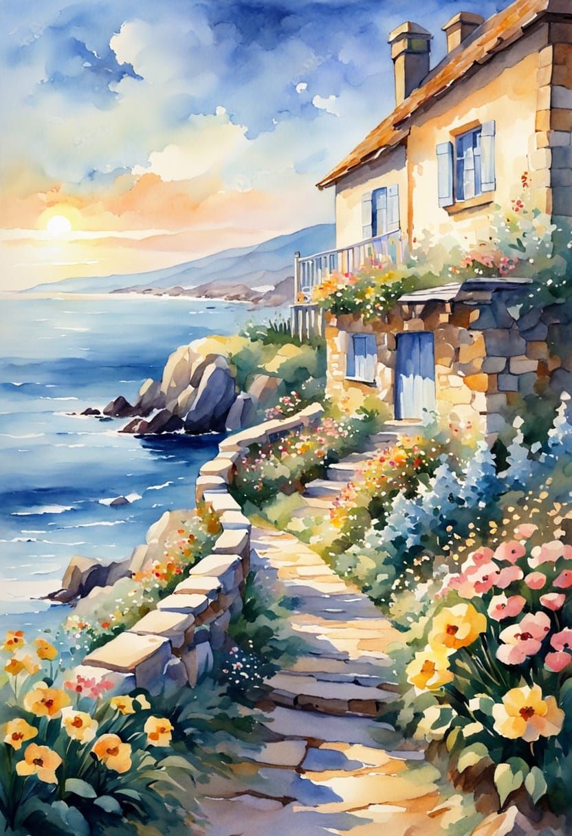 Idyllic Seaside Cottage in Watercolor Impressionism