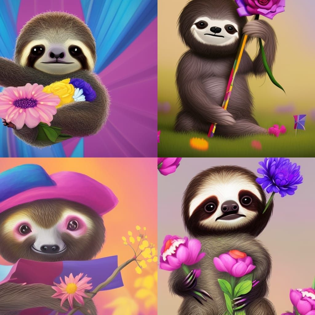 Baby Sloth with Flowers and Bisexual Flag