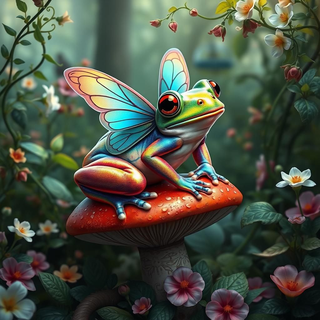Iridescent Frog-Butterfly Hybrid in Lush Garden