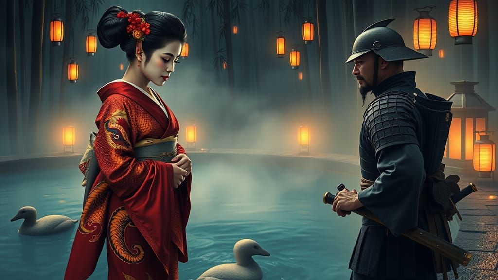 Surreal Geisha Meets Samurai in a Haunting, Ukiyo-E Inspired...