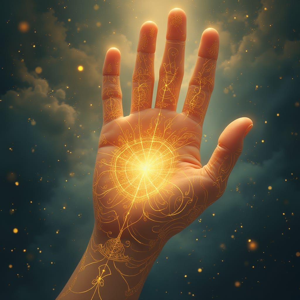 Mystical Open Palm with Golden Palmistry Lines