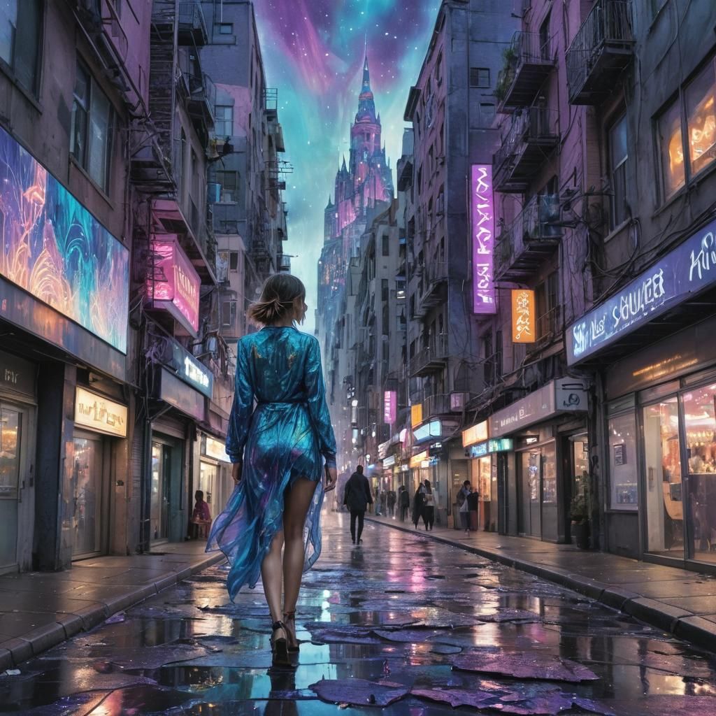 Futuristic Fantasy City in Alcohol Ink Style