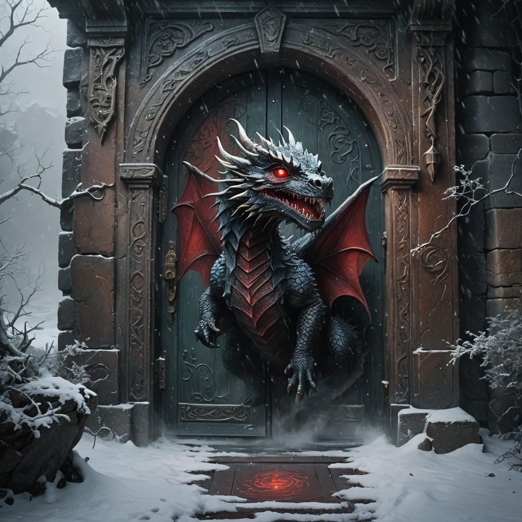 Baby Dragon at Snowy Door in Dark Fantasy Style