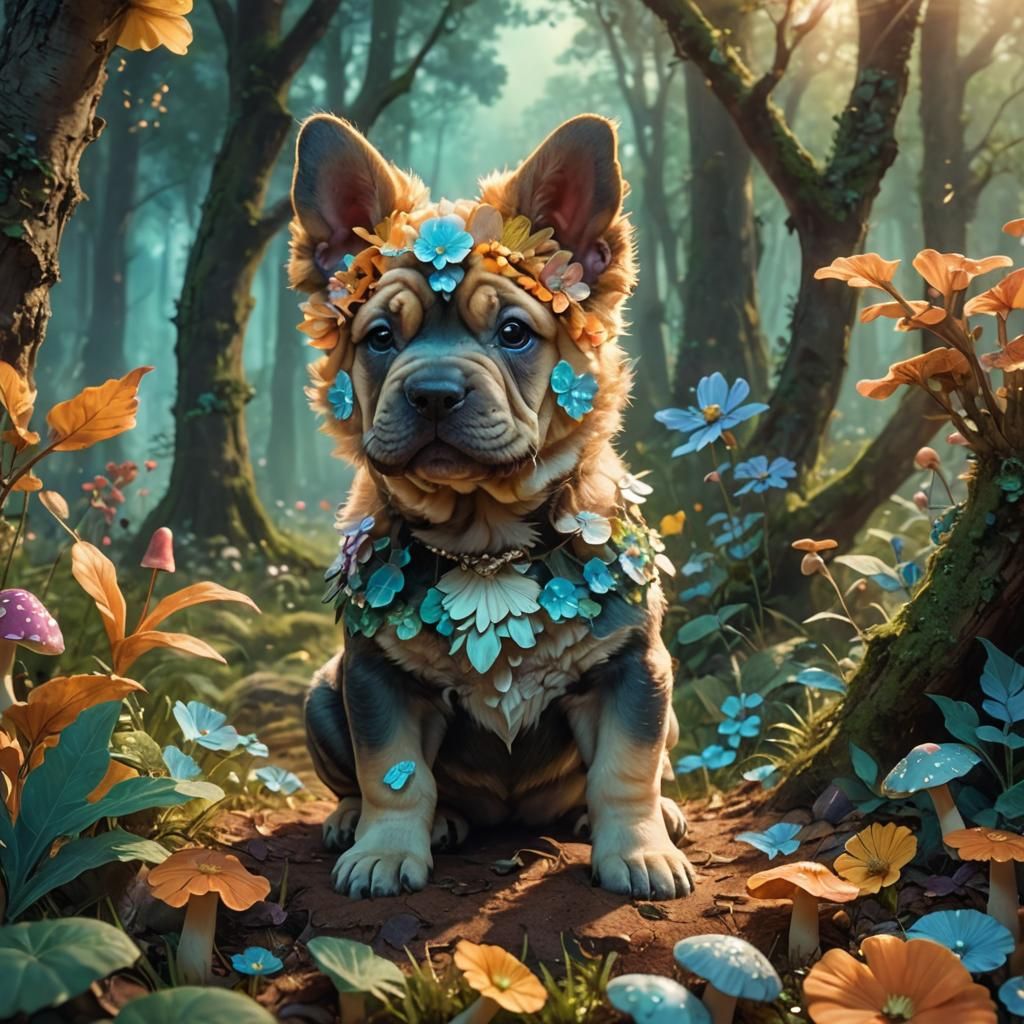 Floral Puppy Portrait in Anime-Inspired Digital Art