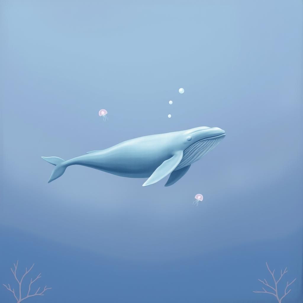 Pastel Whale in Deep Sea, Minimalist Underwater Scene