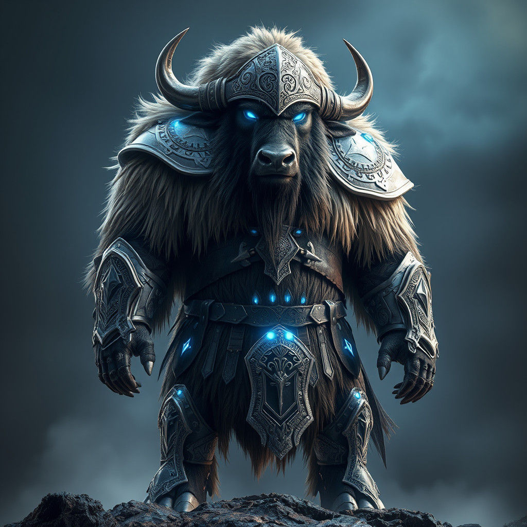 Armored Buffalo-Viking Hybrid in Hyperrealistic Digital Art