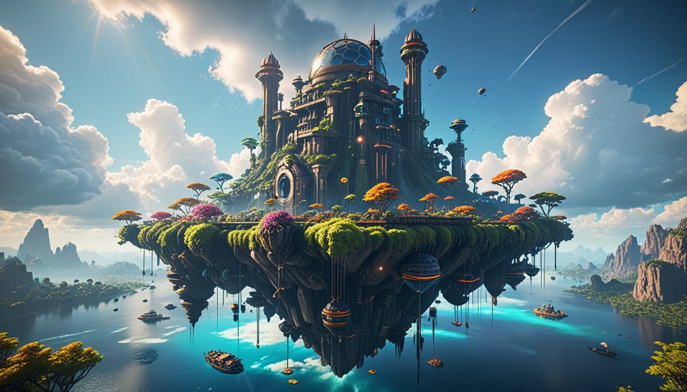 Solarpunk Island Amidst Clouds