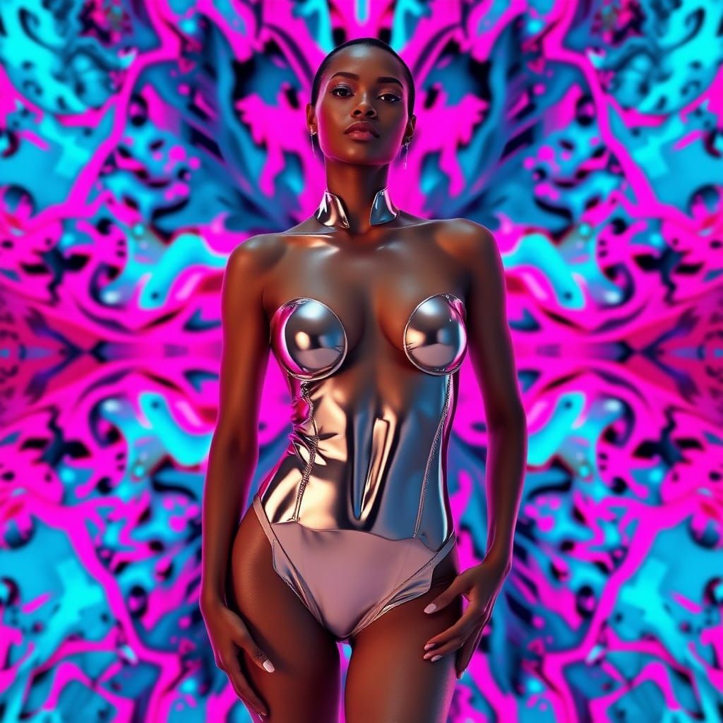 Chrome Bikini Model Against Rorschach Inkblot in Cyberpunk S...