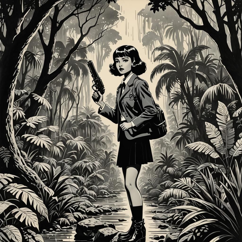 Venusian Jungle Girl with Ray Gun in Pulp Style