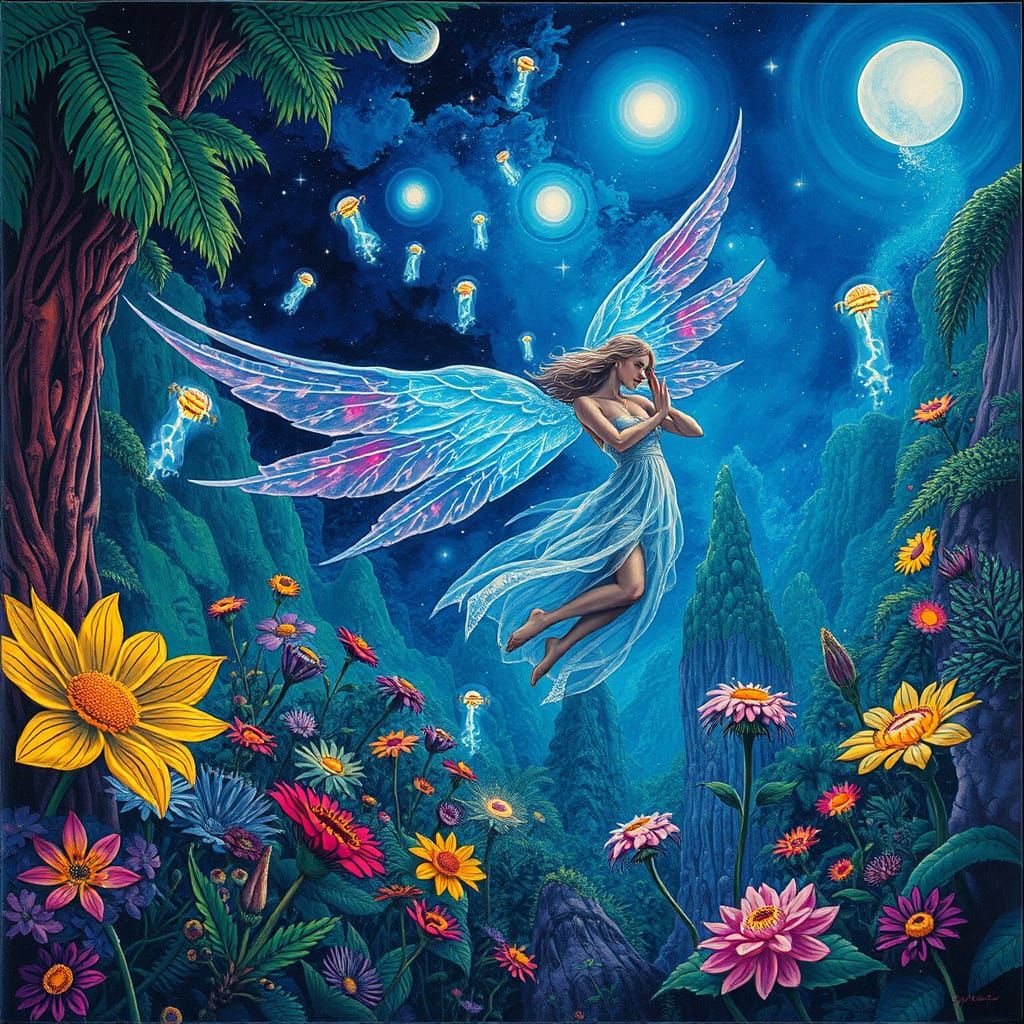 Ethereal Angel Descends into Vibrant Alien Jungle