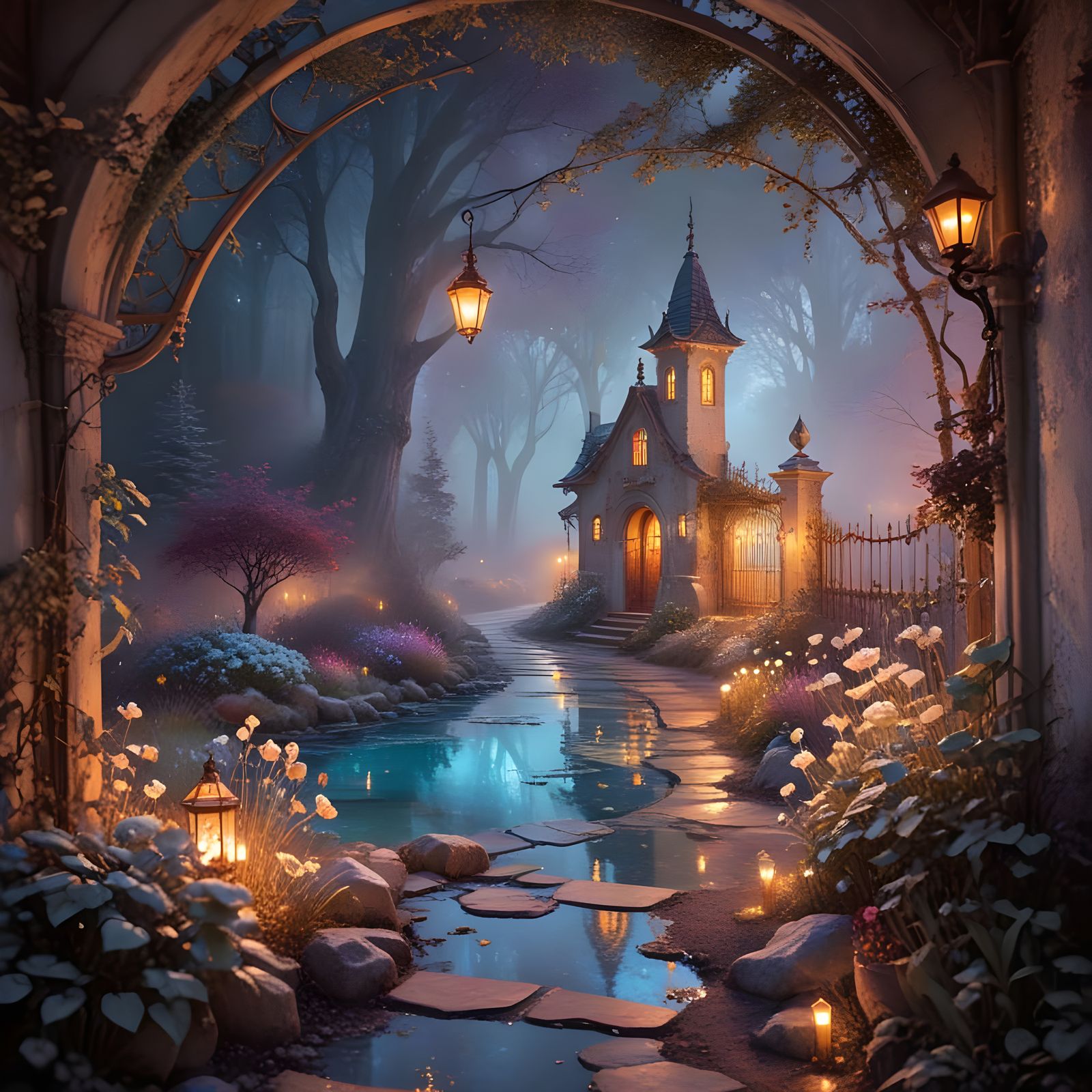 Misty Victorian Cottage in Winter Watercolor