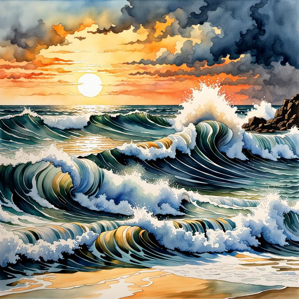 Watercolor Ocean Waves at Sunset