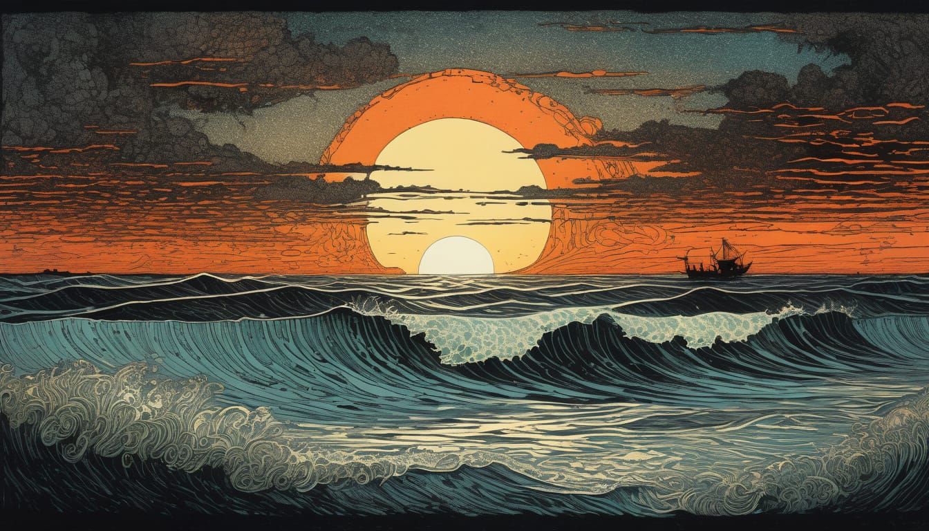 Ocean Sunset in Etching and Aquatint Style