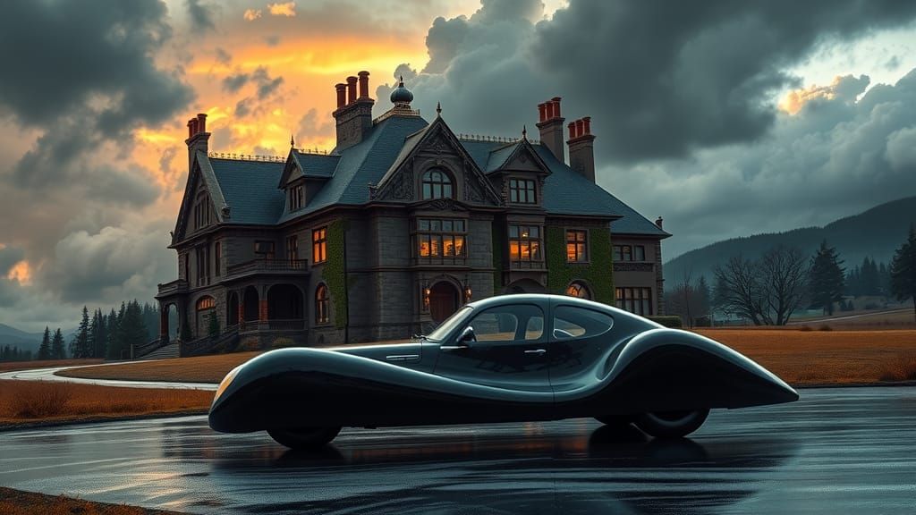 Victorian Mansion with Vintage Car, Dramatic Landscape