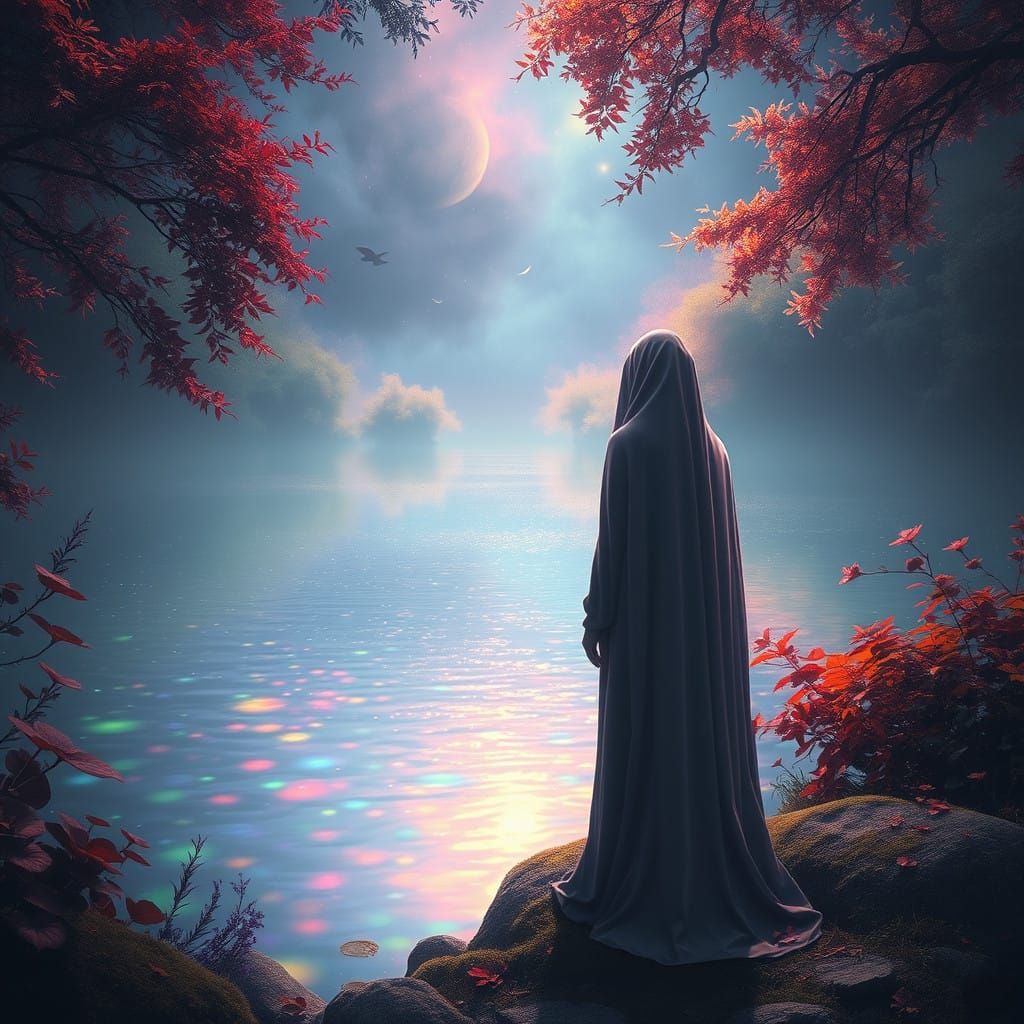 Dreamlike Figure Emerges at Iridescent Lake's Edge