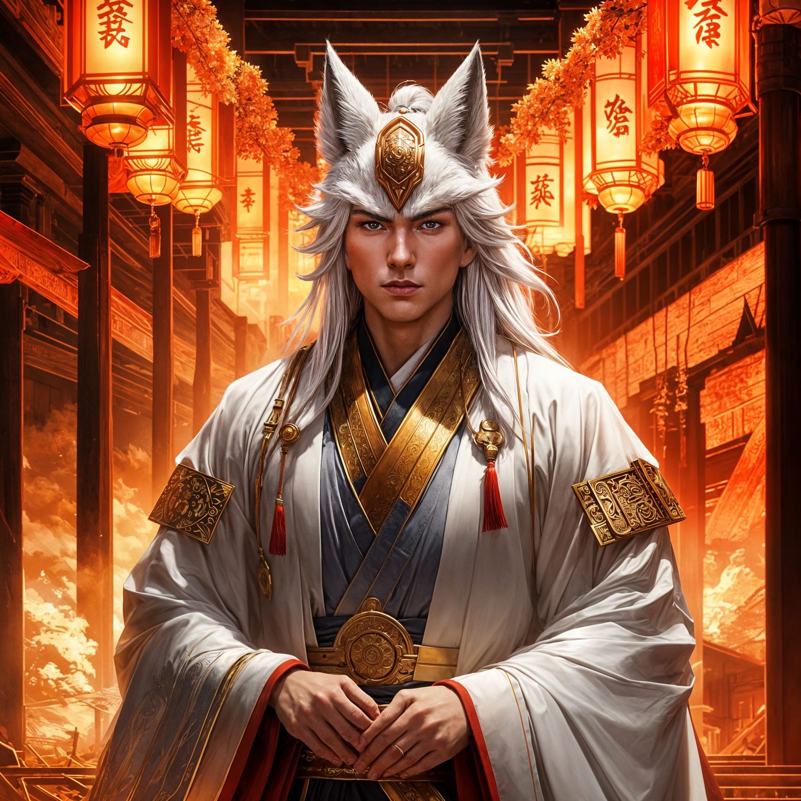 Anime Warrior with Fox Ears in Traditional Japanese Attire