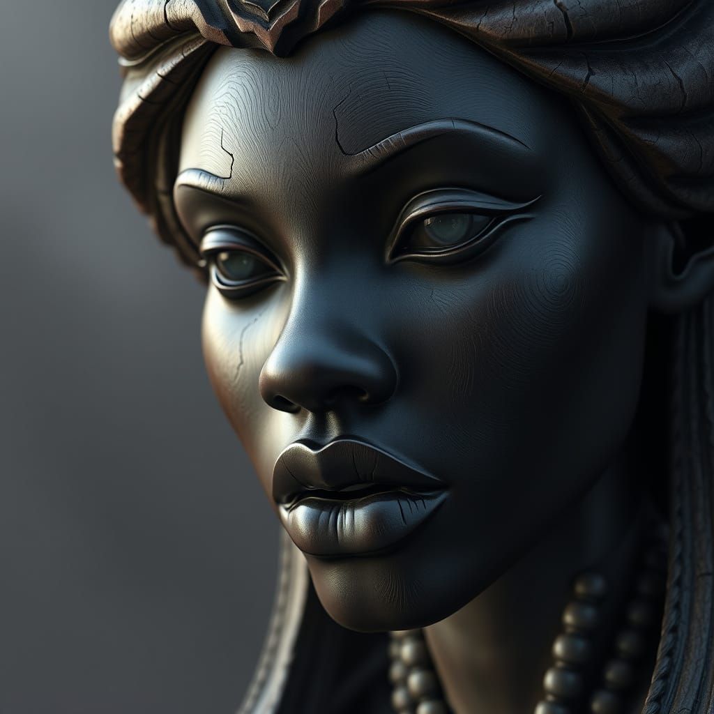 Hyper-Realistic 3D Black African Woman Carved in Dark Wood