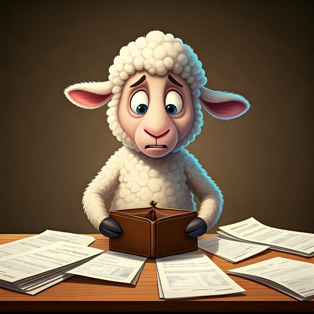 Worried Cartoon Lamb with Empty Wallet