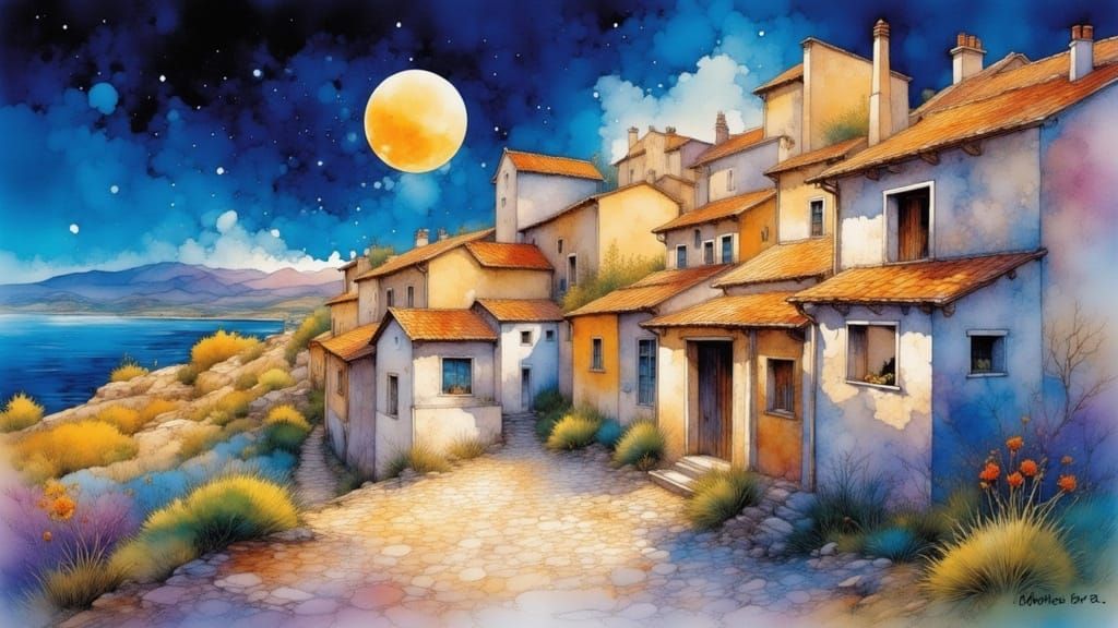 Moonlit Spanish Village in Alcohol Ink Style