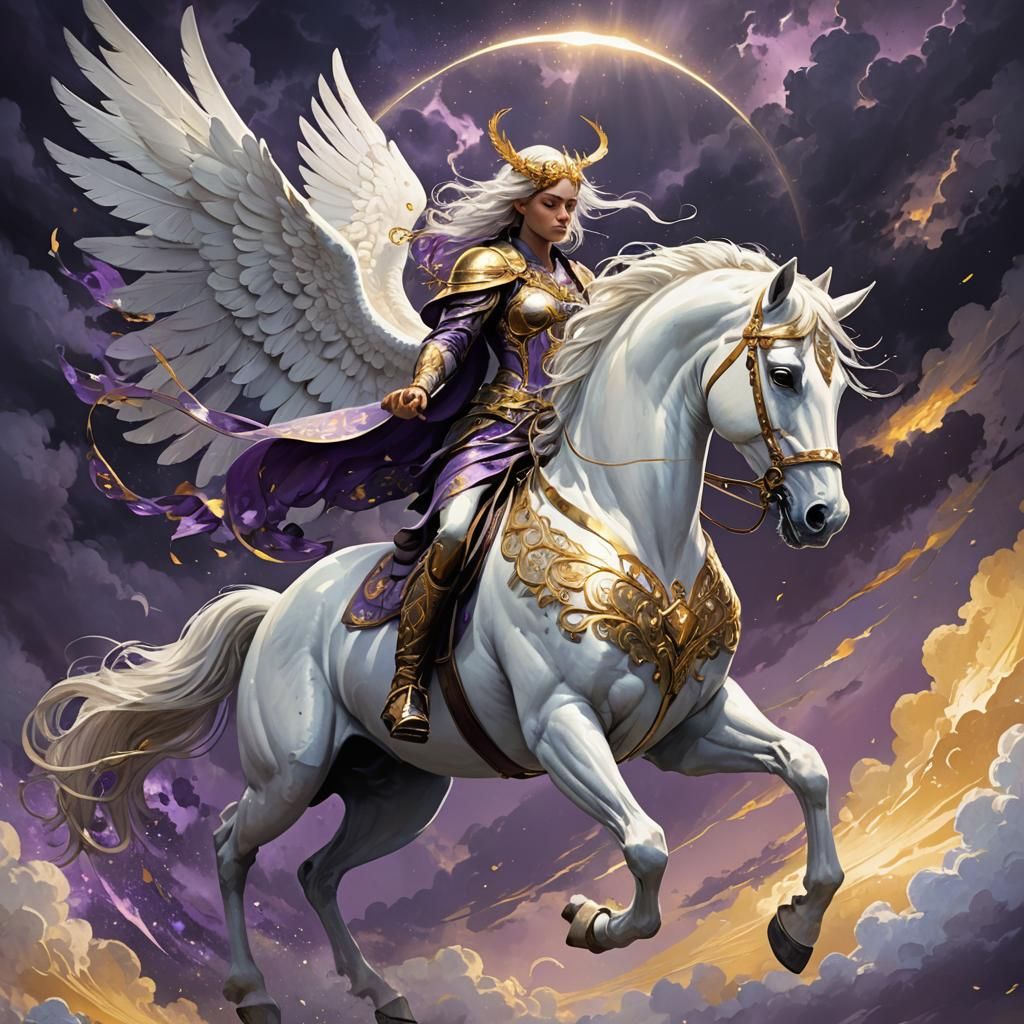 Majestic White Horse Angel Soaring Through Dramatic Sky