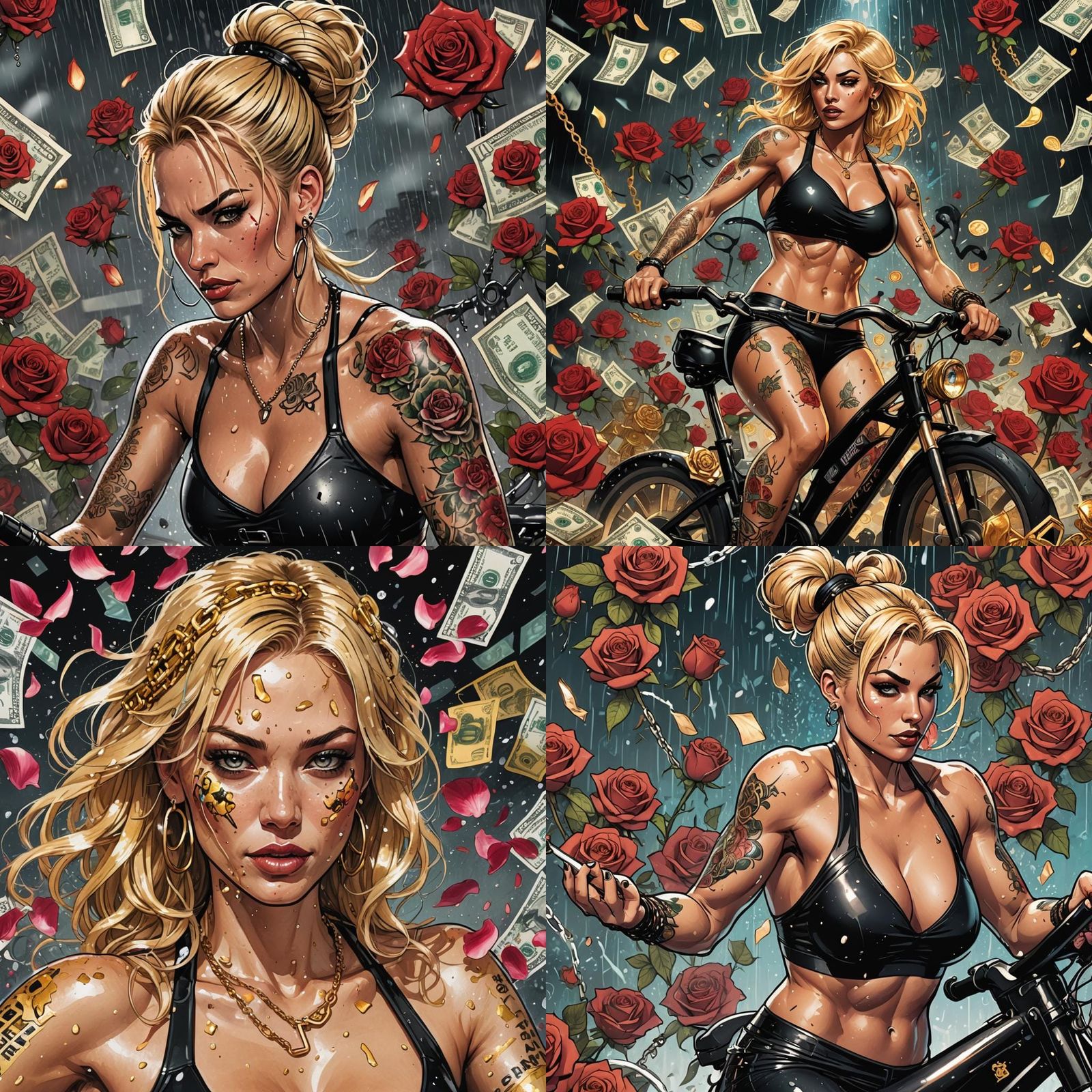 Tattooed Woman on Workout Bike in Comic Book Art