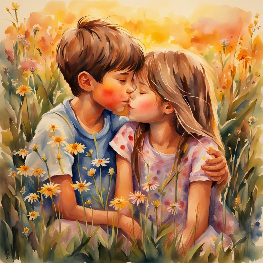 Watercolor Painting of First Kiss in Meadow
