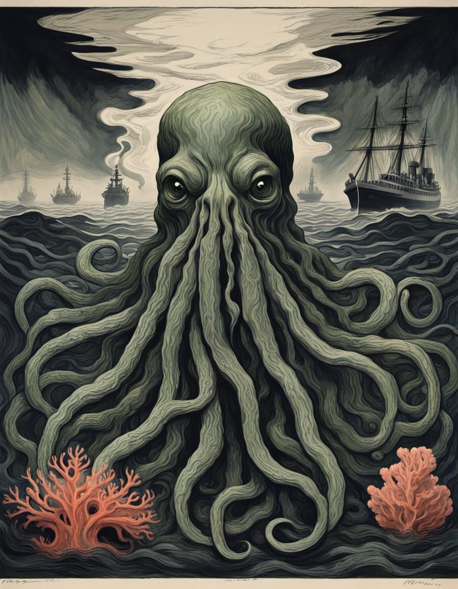 Cthulhu Screaming at Warship as Lithograph
